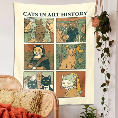 Cream-colored classic cream cat art tapestry wall hanging featuring six cat panels inspired by famous art pieces for decorbites cat art decor