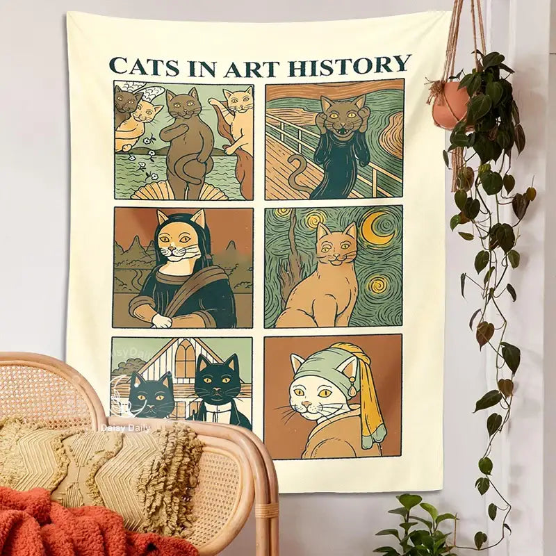Cream-colored classic cream cat art tapestry wall hanging featuring six cat panels inspired by famous art pieces for decorbites cat art decor