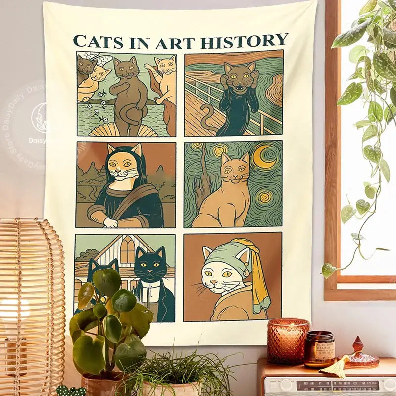 Cream-colored decorbites cat art tapestry wall hanging featuring six panels of cats inspired by famous art pieces for bedroom decor