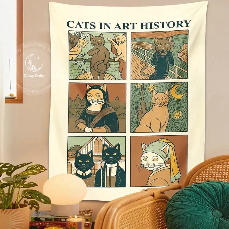 Cream-colored cat art tapestry wall hanging featuring six panels with cats as famous art for bedroom decorbites decor