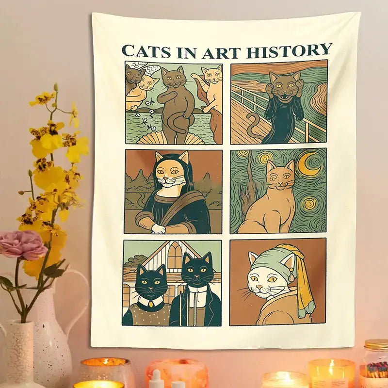 Cream-colored decorbites cat art tapestry with six iconic cat panels for art tapestry wall bedroom decor