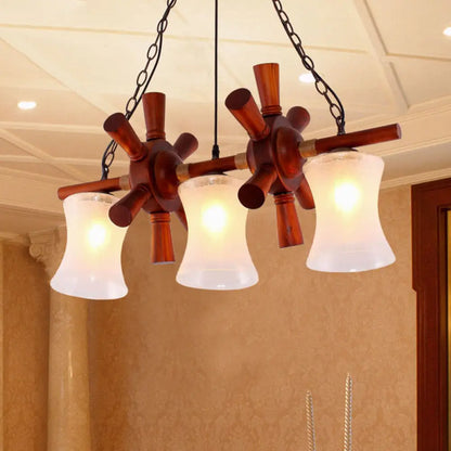 DecorBites™ Classic Cream Crackle Glass 3-Light Brown Pendant Light Kit for Dining Room Island with Flared Design and Wood Rudder Deco