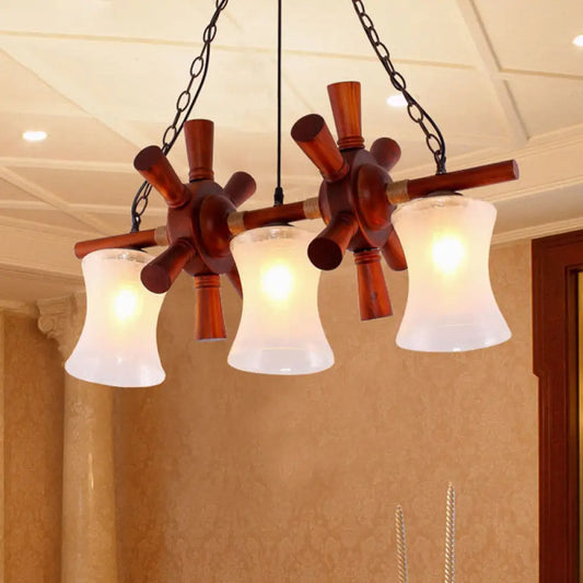 DecorBites™ Classic Cream Crackle Glass 3-Light Brown Pendant Light Kit for Dining Room Island with Flared Design and Wood Rudder Deco