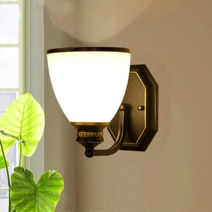 Classic Cream Glass Wall Sconce - Bell Shape Black Wall Light for Living Room