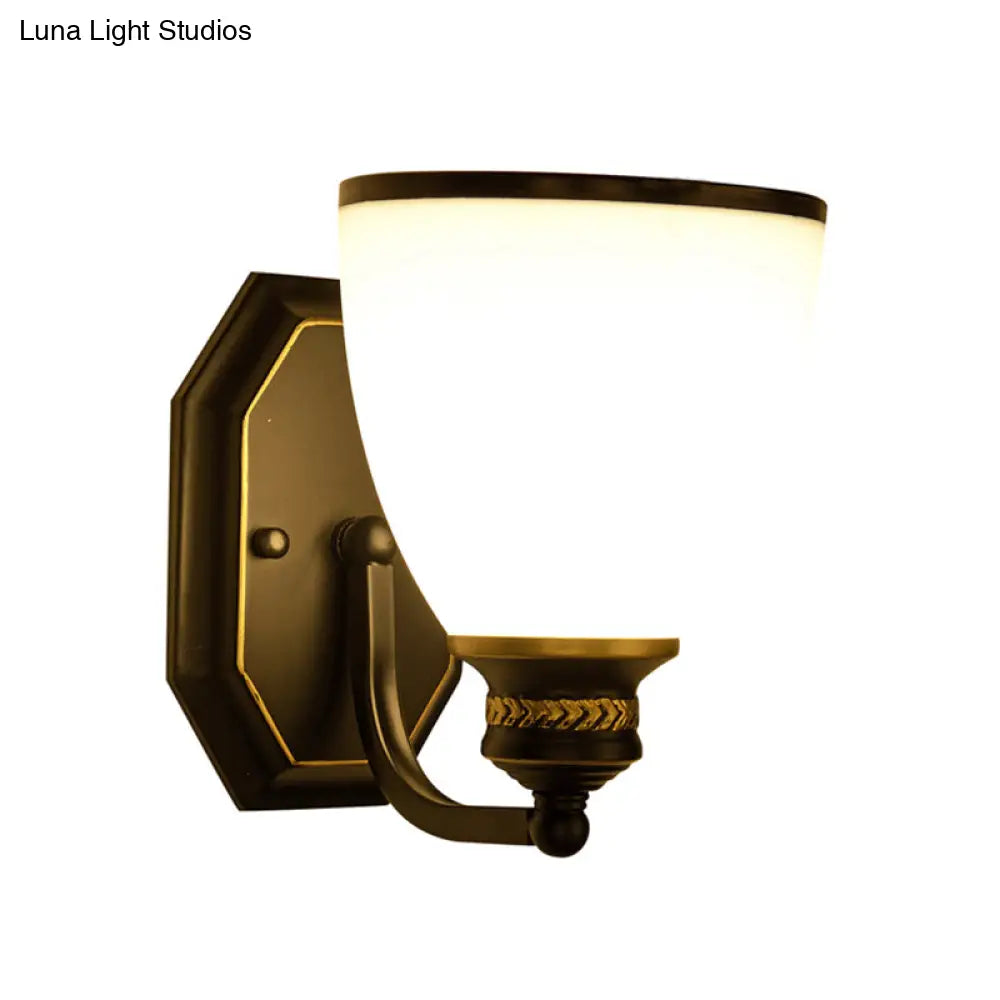 Classic Cream Glass Wall Sconce - Bell Shape Black Wall Light for Living Room