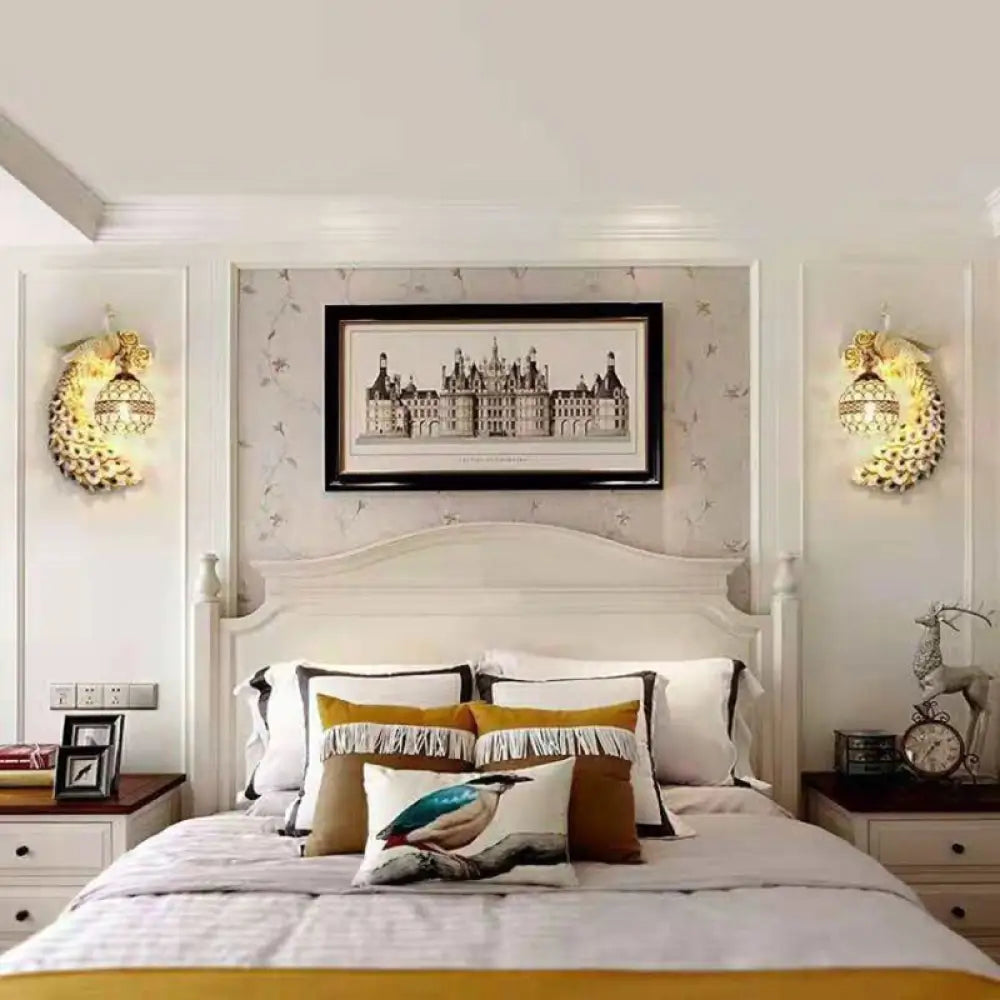 Classic Crystal Spherical Wall Lamp with Resin Peacock Backplate - 1-Light Wall Fixture