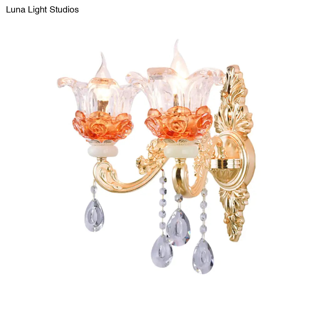 Classic Crystal Wall Light with Carved Arm and Backplate - 2 Lights Candlestick Sconce Lamp in Pink/Yellow/Orange