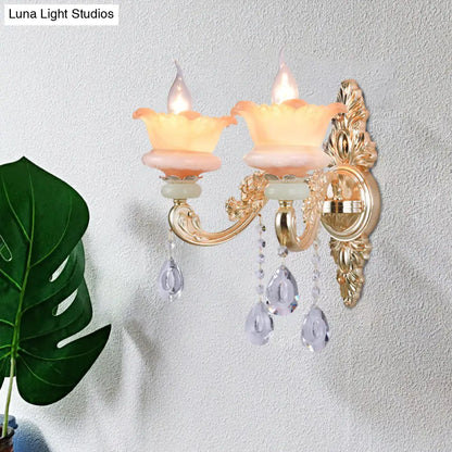 Classic Crystal Wall Light with Carved Arm and Backplate - 2 Lights Candlestick Sconce Lamp in Pink/Yellow/Orange
