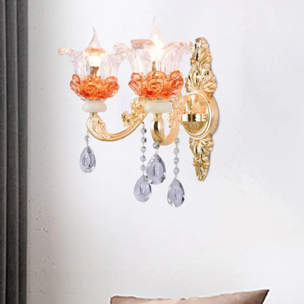 Classic Crystal Wall Light with Carved Arm and Backplate - 2 Lights Candlestick Sconce Lamp in Pink/Yellow/Orange