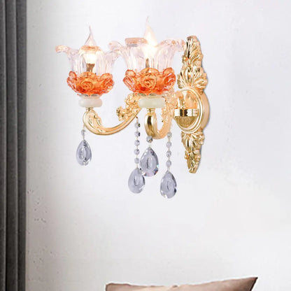 Classic Crystal Wall Light with Carved Arm and Backplate - 2 Lights Candlestick Sconce Lamp in Pink/Yellow/Orange