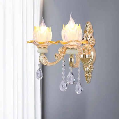 Classic Crystal Wall Light with Carved Arm and Backplate - 2 Lights Candlestick Sconce Lamp in Pink/Yellow/Orange
