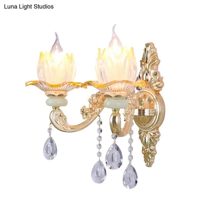 Classic Crystal Wall Light with Carved Arm and Backplate - 2 Lights Candlestick Sconce Lamp in Pink/Yellow/Orange