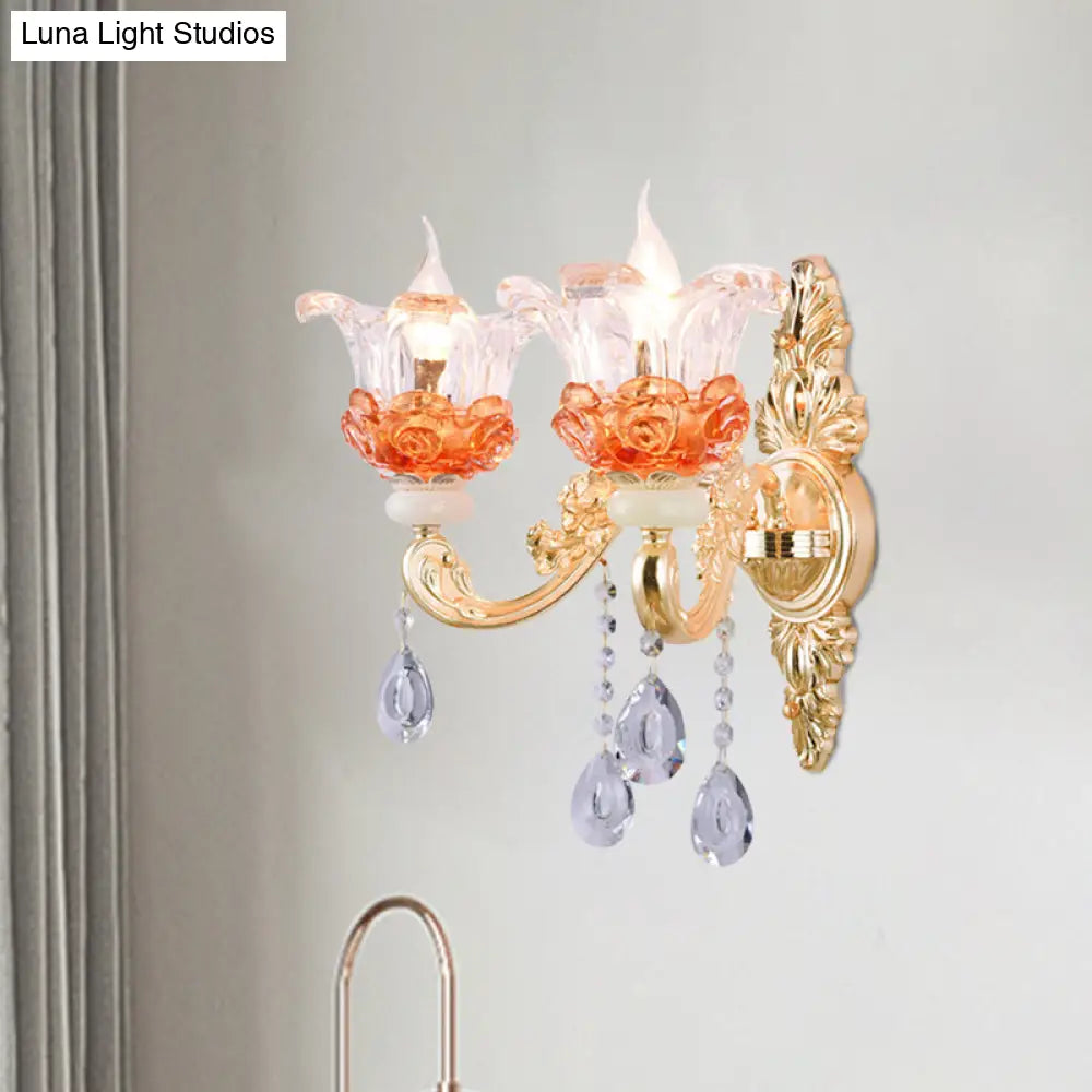 Classic Crystal Wall Light with Carved Arm and Backplate - 2 Lights Candlestick Sconce Lamp in Pink/Yellow/Orange