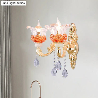 Classic Crystal Wall Light with Carved Arm and Backplate - 2 Lights Candlestick Sconce Lamp in Pink/Yellow/Orange