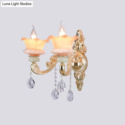 Classic Crystal Wall Light with Carved Arm and Backplate - 2 Lights Candlestick Sconce Lamp in Pink/Yellow/Orange