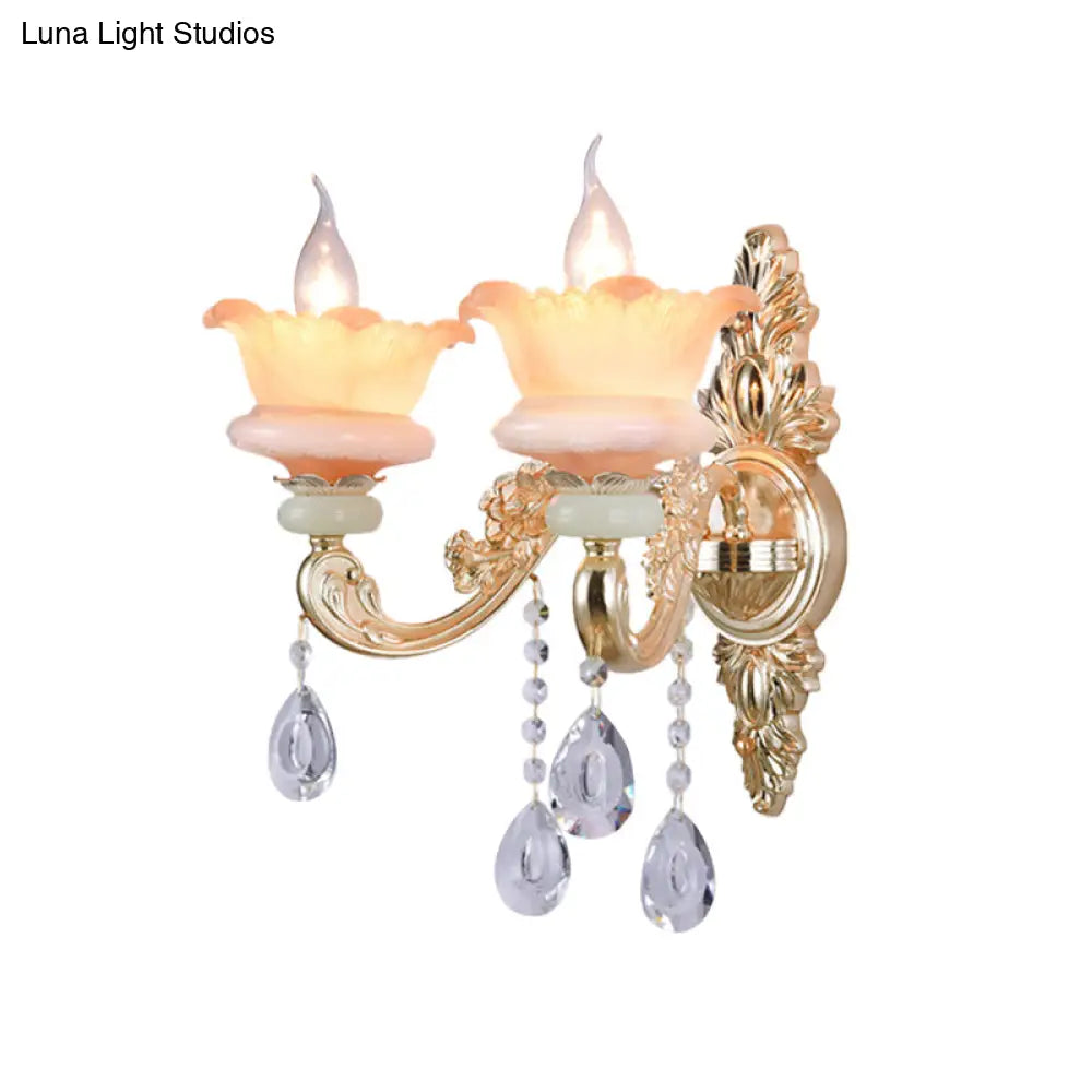 Classic Crystal Wall Light with Carved Arm and Backplate - 2 Lights Candlestick Sconce Lamp in Pink/Yellow/Orange
