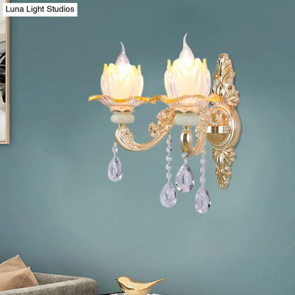 Classic Crystal Wall Light with Carved Arm and Backplate - 2 Lights Candlestick Sconce Lamp in Pink/Yellow/Orange