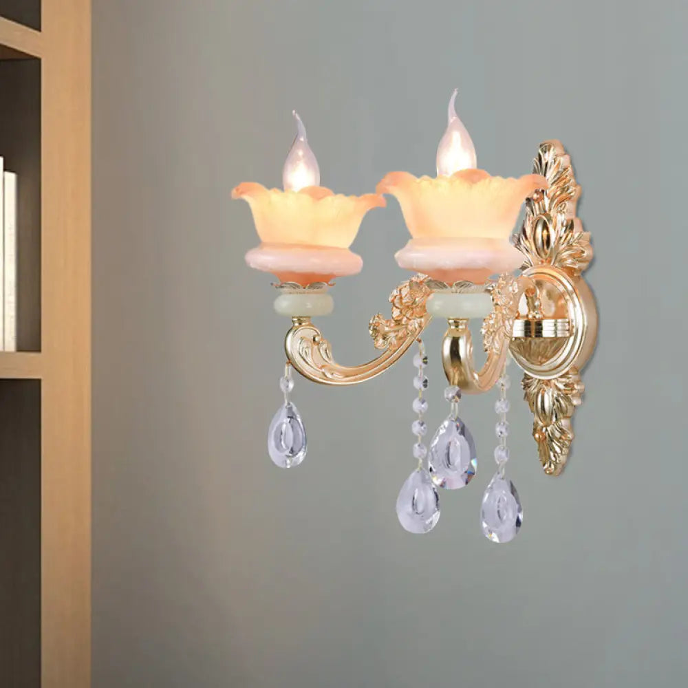Classic Crystal Wall Light with Carved Arm and Backplate - 2 Lights Candlestick Sconce Lamp in Pink/Yellow/Orange