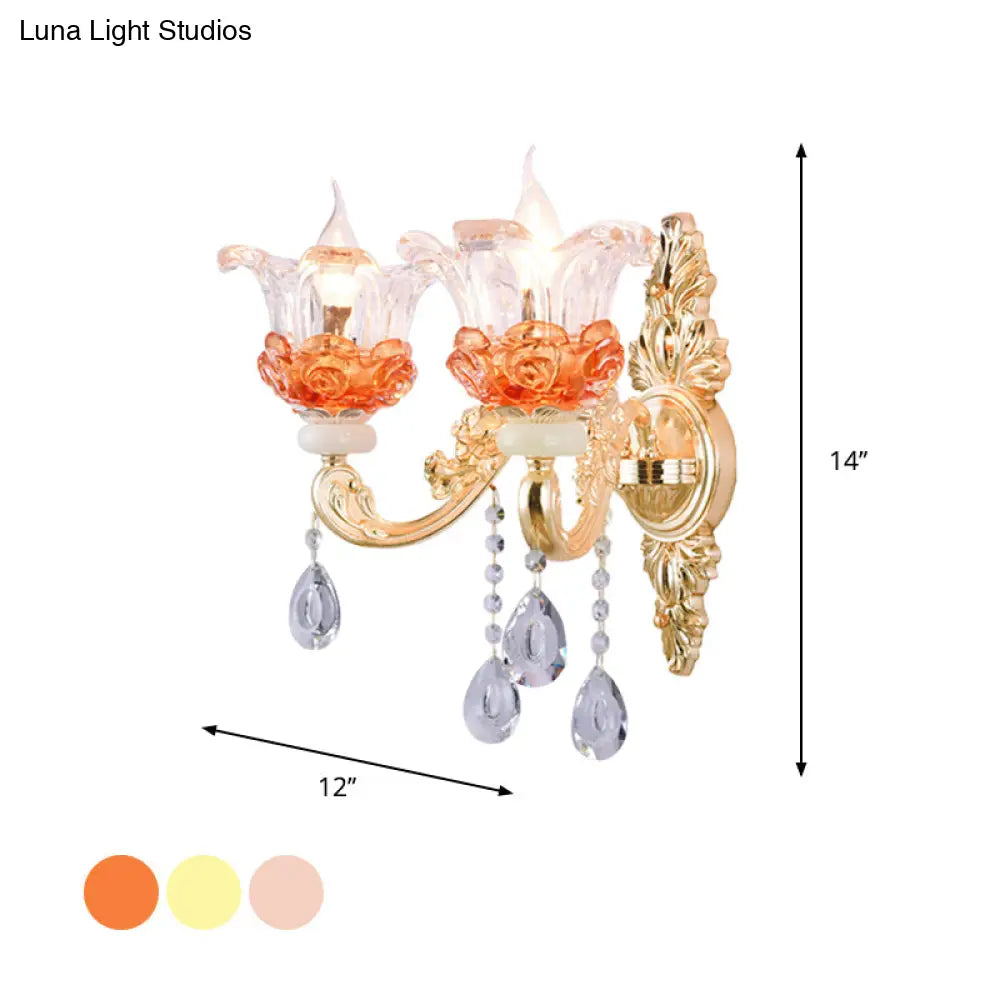 Classic Crystal Wall Light with Carved Arm and Backplate - 2 Lights Candlestick Sconce Lamp in Pink/Yellow/Orange