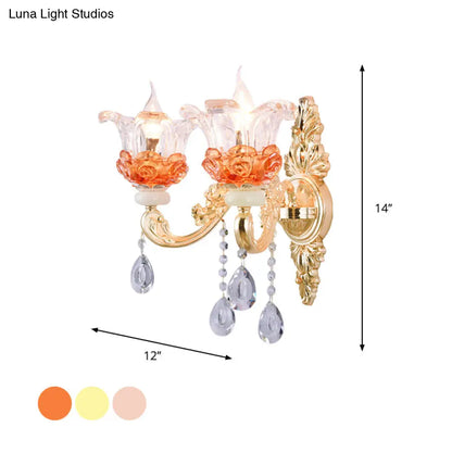 Classic Crystal Wall Light with Carved Arm and Backplate - 2 Lights Candlestick Sconce Lamp in Pink/Yellow/Orange