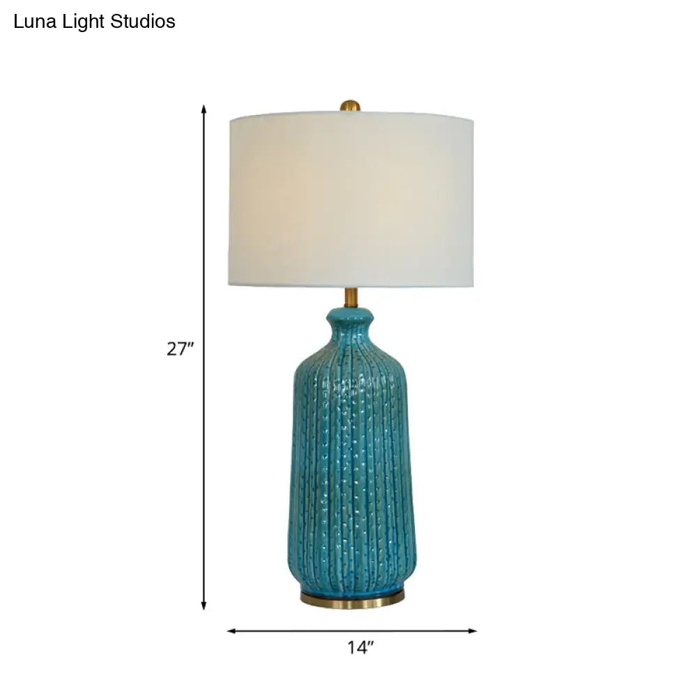 Classic Drum Night Table Light with 1-Light Fabric Shade in White, Blue Pot Vase Base
