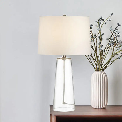 Lámpara de mesilla de noche clásica de cristal con luz de mesa cónica transparente y pantalla de tela blanca