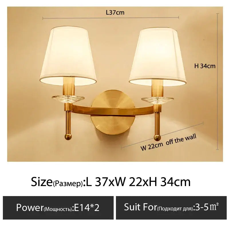 Brass-finished double-arm wall light with off-white fabric cloth cover and crystal accents for classic bedroom decorbites cloth cover wall