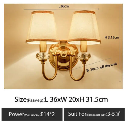 Gold-finished double-arm wall light with cream fabric cloth cover and crystal accents decorbites cloth cover wall sconce