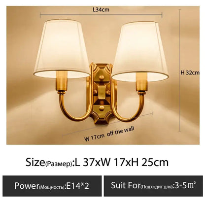 Classic gold cloth cover wall light with gold finish and two off-white fabric shades for bedroom decorbites cloth cover wall