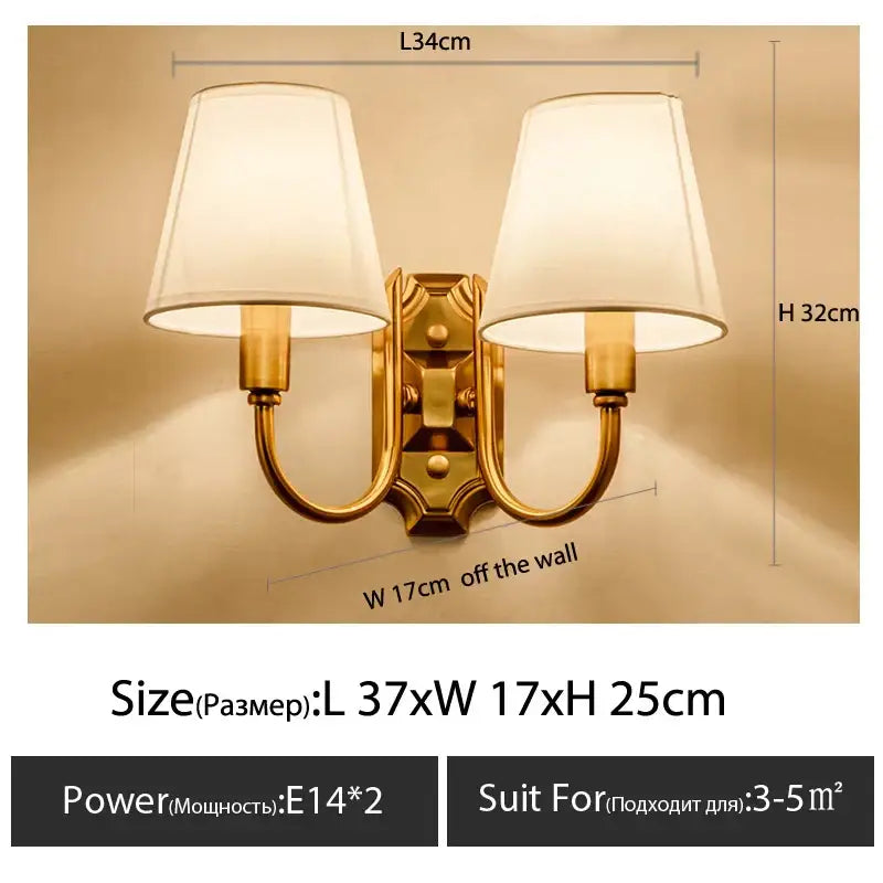 Classic gold cloth cover wall light with gold finish and two off-white fabric shades for bedroom decorbites cloth cover wall