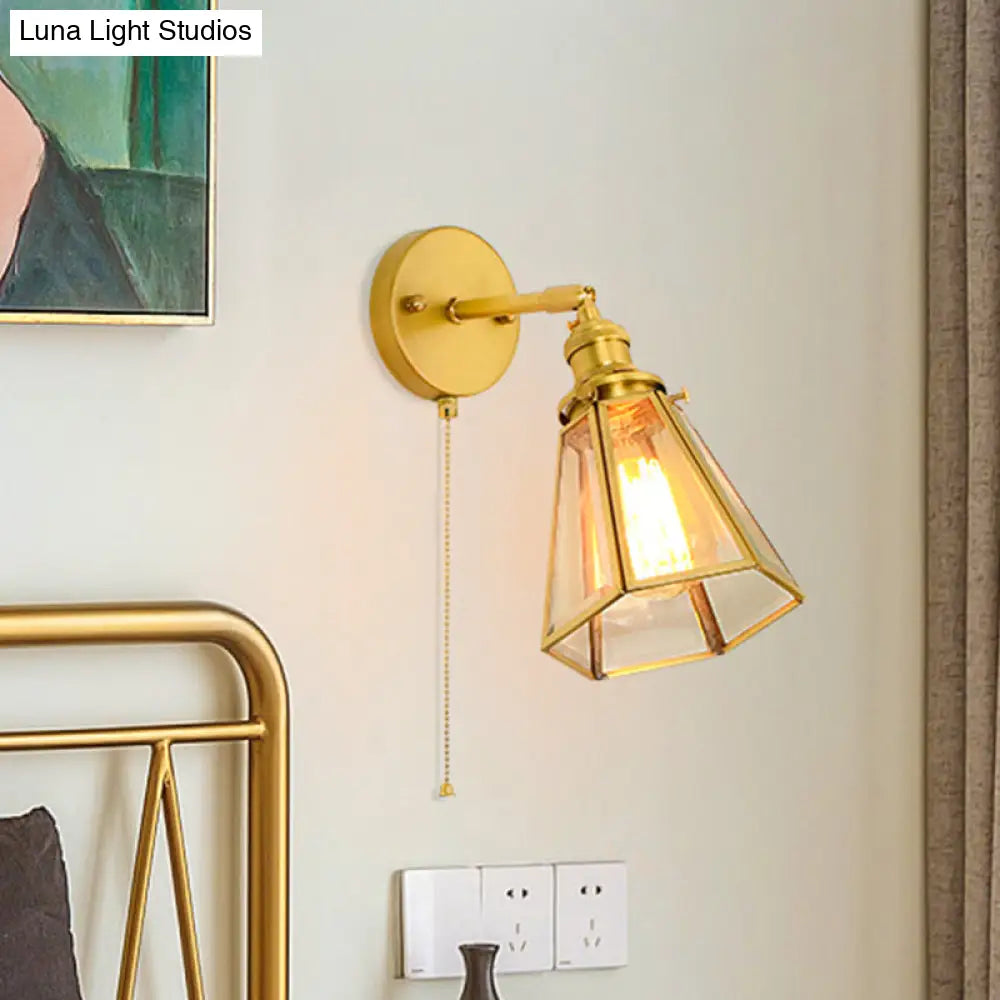 Aplique de pared clásico dorado estilo colonial: Lámpara de pared de cristal transparente con o sin cadena.