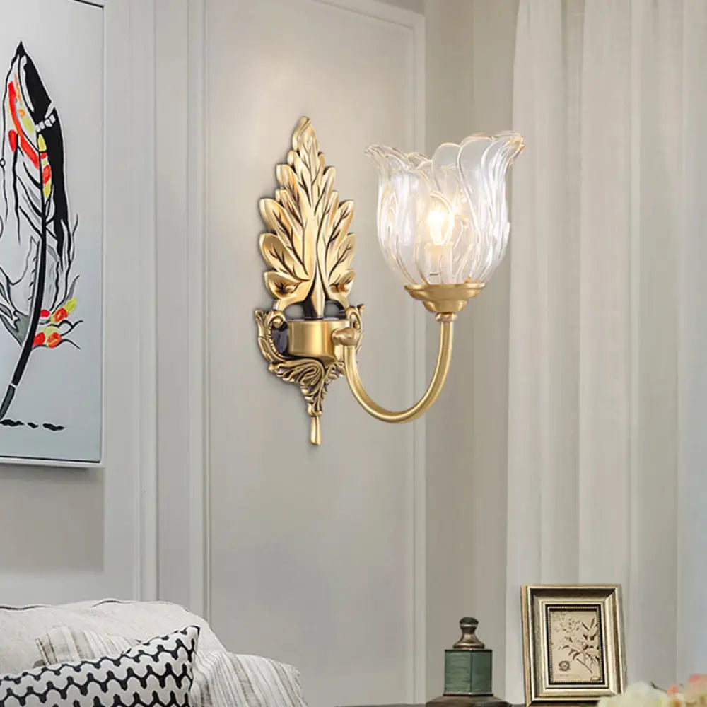 Aplique de pared clásico dorado con cristal transparente acanalado - Lámpara de pared para salón Bloom