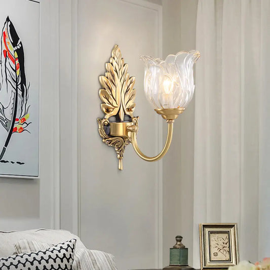 Aplique de pared clásico dorado con cristal transparente acanalado - Lámpara de pared para salón Bloom
