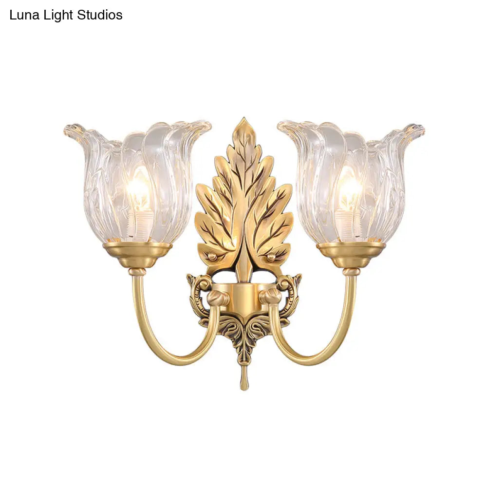 Aplique de pared clásico dorado con cristal transparente acanalado - Lámpara de pared para salón Bloom