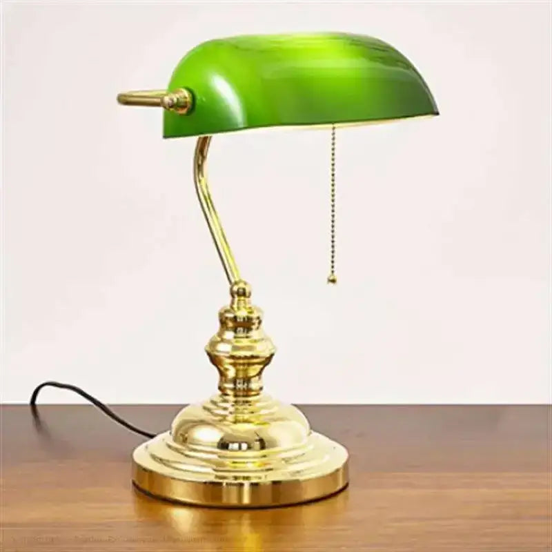 Classic green and white glass lampshade bank desk lamp with brass base and articulated arm for office decorbites glass lampshade