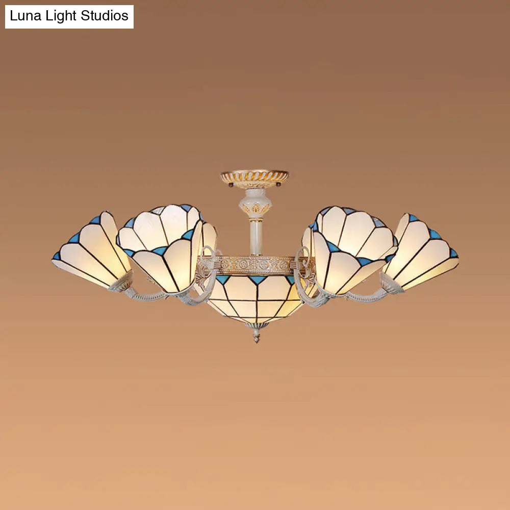 Classic Hanging Cone Ceiling Light with White Glass Shade - Multi Light Chandelier