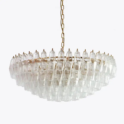 Clear crystal chandelier with gold-toned chain and frame for dining room featuring decorbites large pink glass design
