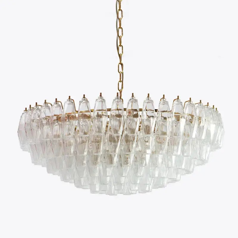 Clear crystal chandelier with gold-toned chain and frame for dining room featuring decorbites large pink glass design