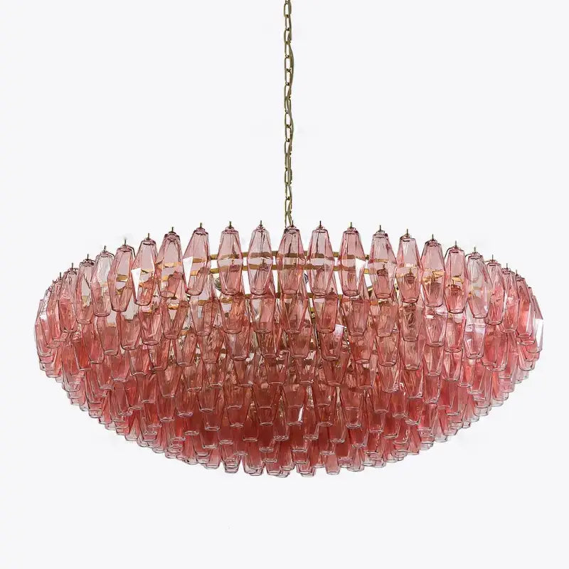 Classic pink and amber glass chandelier featuring large pink glass pieces for elegant dining room lighting decorbites large pink