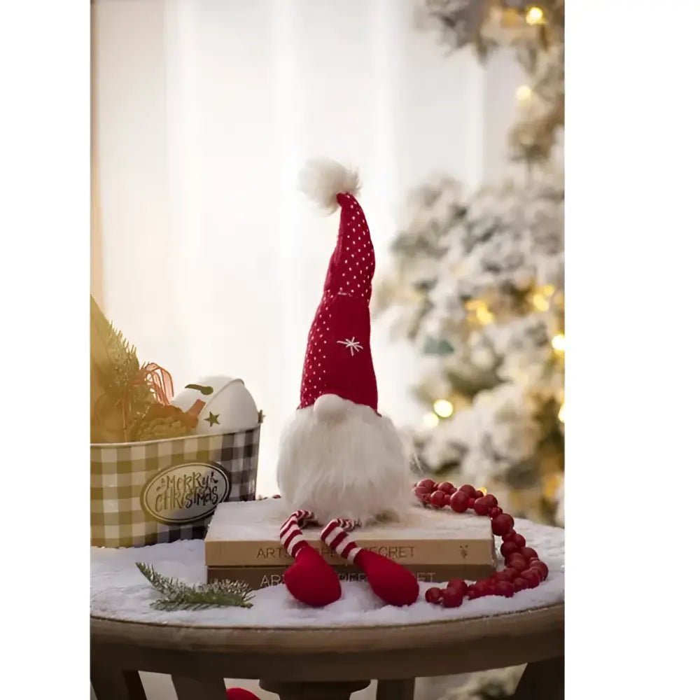 Classic red & white christmas gnome with fluffy white beard living room decor - Decorbites