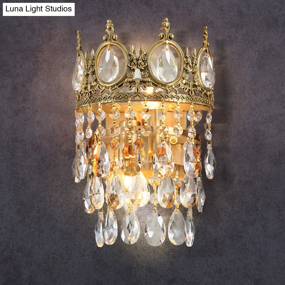 DecorBites™ Classic Round Wall Mounted Lighting with Clear Crystal Prisms – 2 Bulbs, Aged Brass Finish