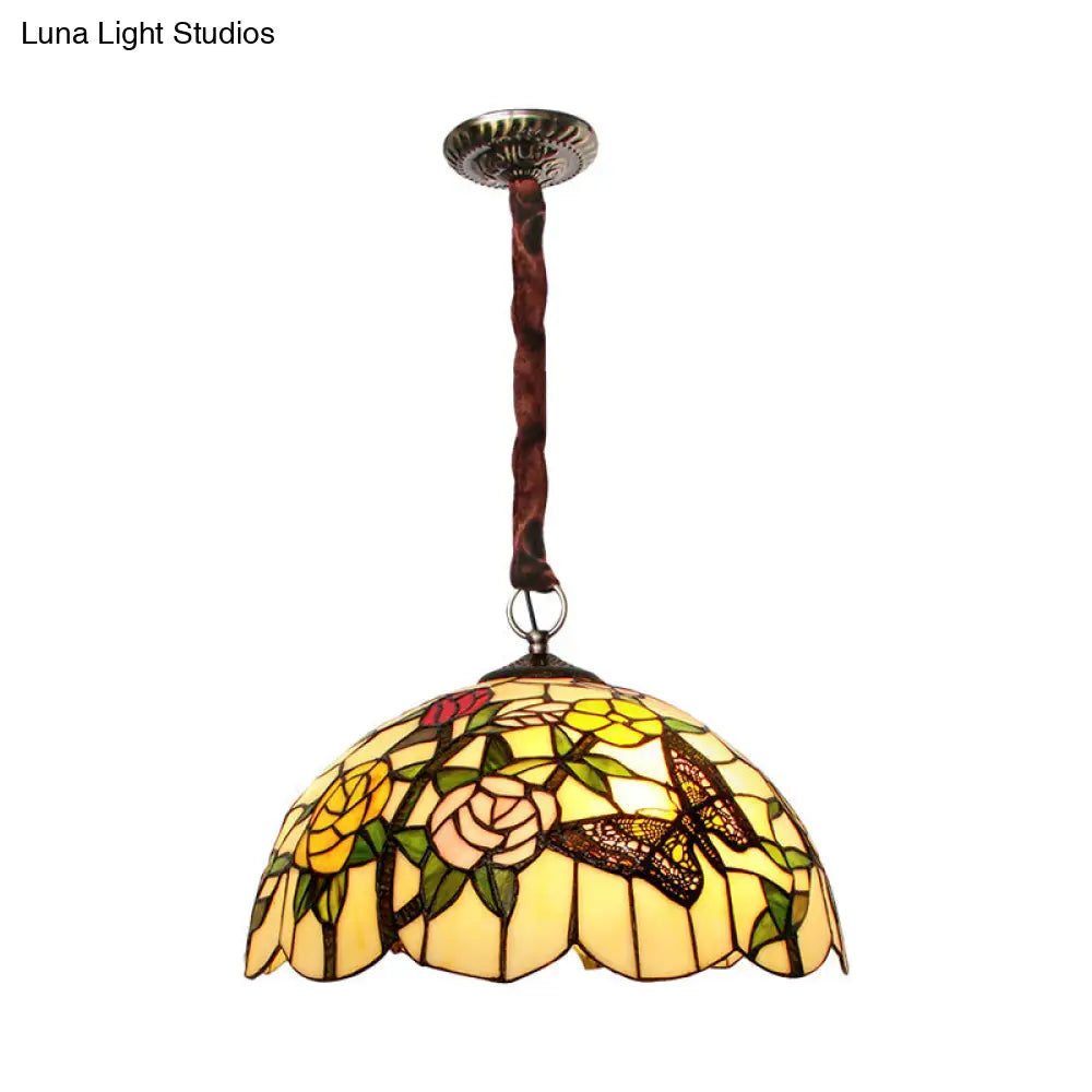 Classic Scalloped Hand Cut Glass Chandelier - 3-Head Suspended Lamp with Floral and Butterfly Pattern in Bronze