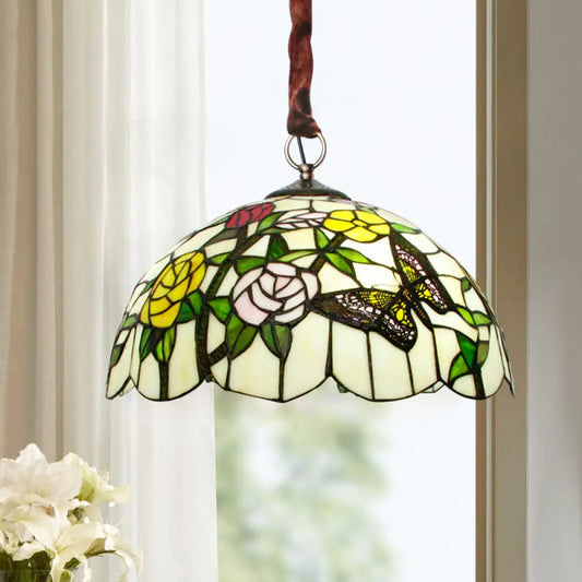 Classic Scalloped Hand Cut Glass Chandelier - 3-Head Suspended Lamp with Floral and Butterfly Pattern in Bronze