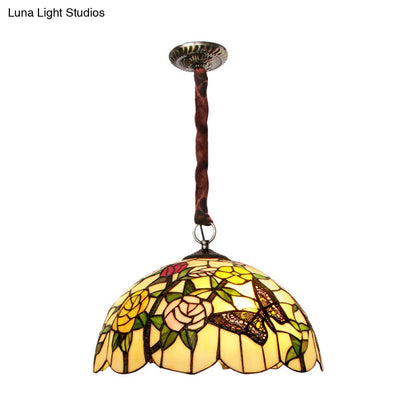 Classic Scalloped Hand Cut Glass Chandelier - 3-Head Suspended Lamp with Floral and Butterfly Pattern in Bronze