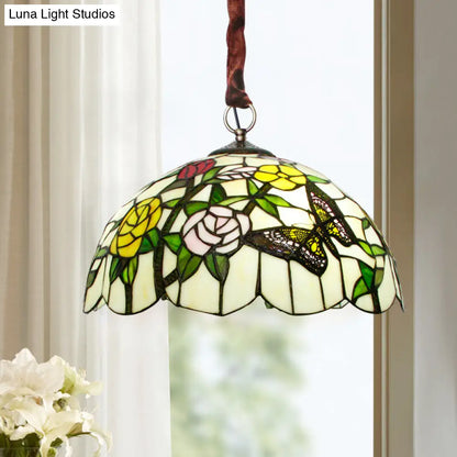 Classic Scalloped Hand Cut Glass Chandelier - 3-Head Suspended Lamp with Floral and Butterfly Pattern in Bronze