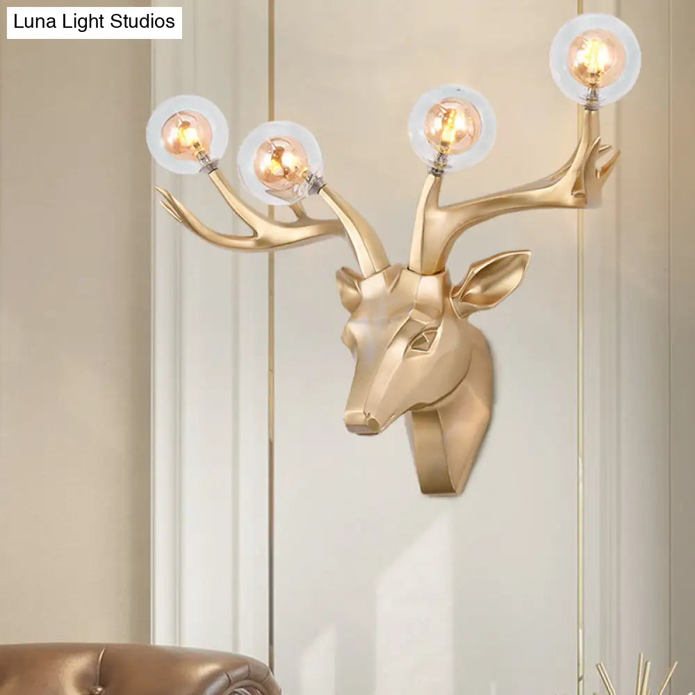 Aplique de pared clásico con forma de ciervo Sika y pantalla de cristal transparente - 4 cabezales, resina negra/blanca/azul, para iluminación de salón