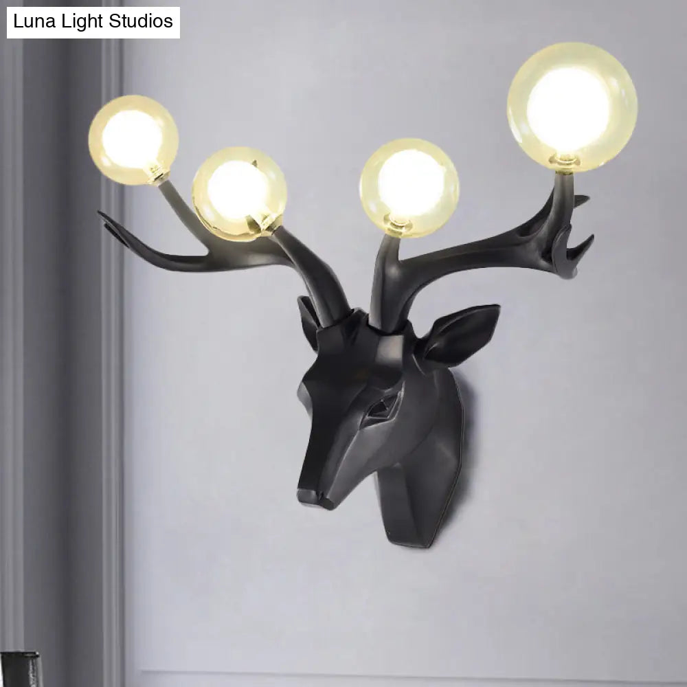 Aplique de pared clásico con forma de ciervo Sika y pantalla de cristal transparente - 4 cabezales, resina negra/blanca/azul, para iluminación de salón