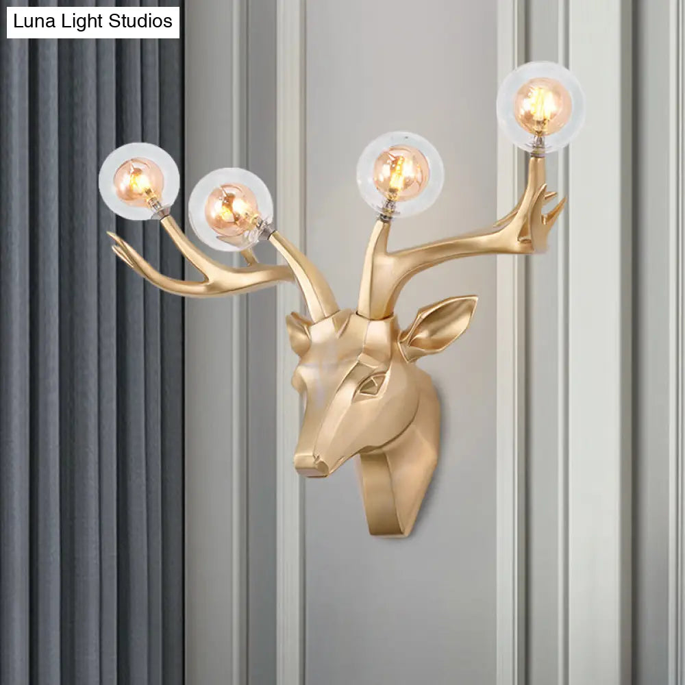 Aplique de pared clásico con forma de ciervo Sika y pantalla de cristal transparente - 4 cabezales, resina negra/blanca/azul, para iluminación de salón