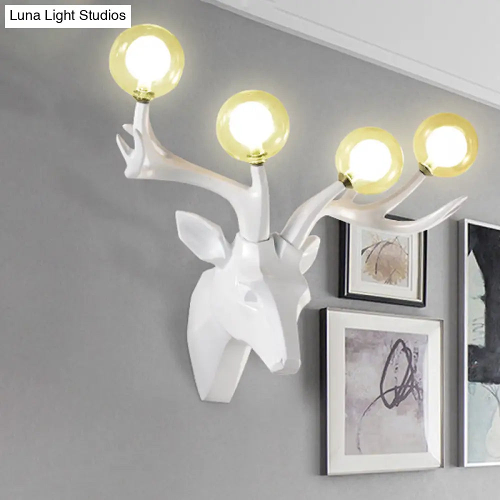 Aplique de pared clásico con forma de ciervo Sika y pantalla de cristal transparente - 4 cabezales, resina negra/blanca/azul, para iluminación de salón
