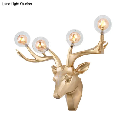 Aplique de pared clásico con forma de ciervo Sika y pantalla de cristal transparente - 4 cabezales, resina negra/blanca/azul, para iluminación de salón